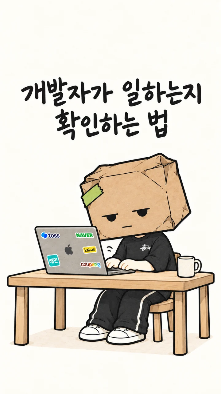 표지: 개발자가 일하는지 확인하는 법. 책상 앞 박스 머리 개발자.