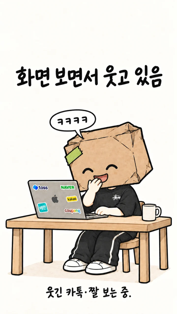 화면을 보며 웃는 개발자. 캡션: 웃긴 카톡·짤 보는 중.