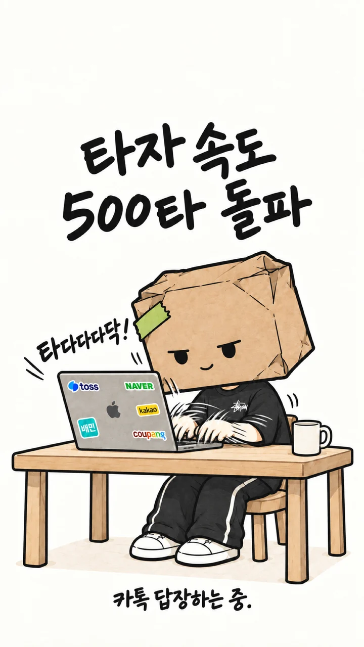 타자 속도 500타 돌파. 캡션: 카톡 답장하는 중.